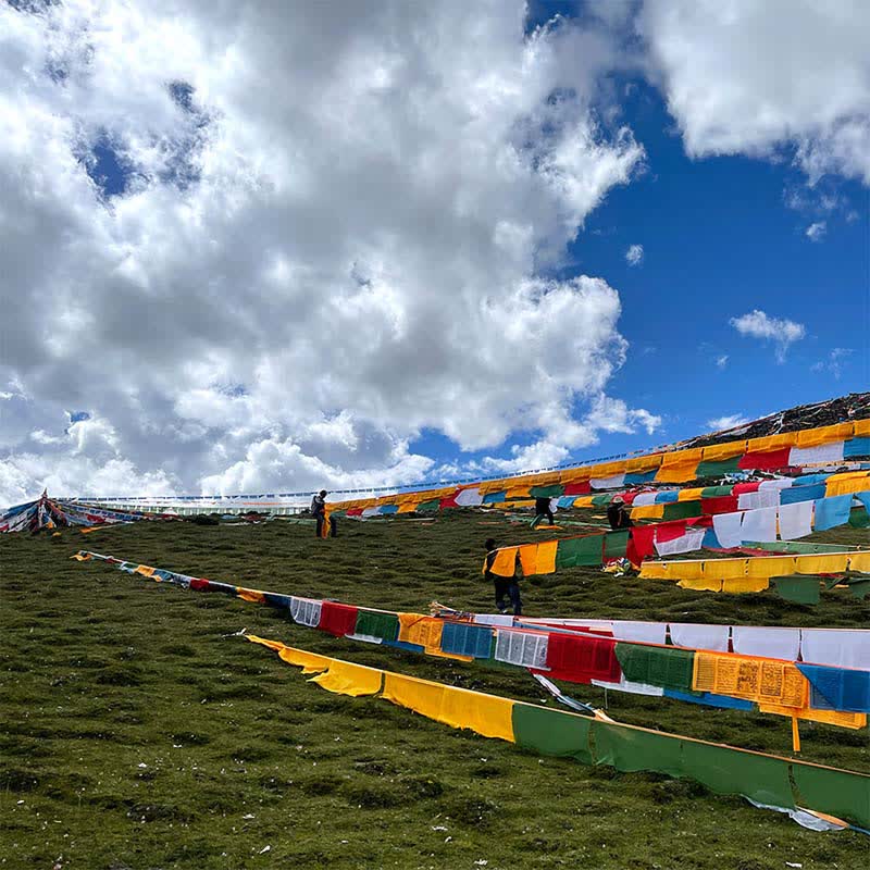 Tibetan windhorse prayer flags displayed on alpine hillside with workers installing setup
