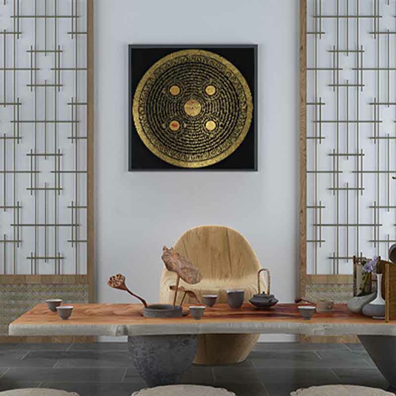 Minimalist black-gold Tibetan Om Mani Padme Hum thangka with circular sacred motifs and gilded design in traditional tea room