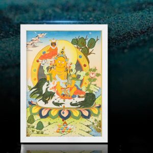 Tibetan thangka painting with vibrant deity artwork displayed on dark background with white frame