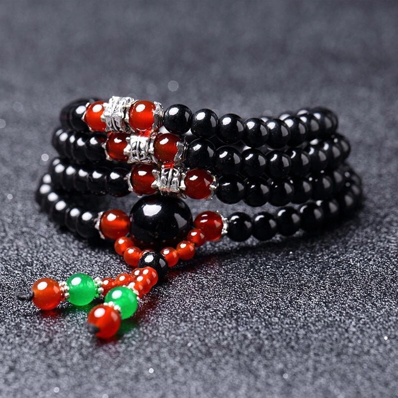 108 bead black obsidian red agate mala bracelet handcrafted tibetan spiritual jewelry
