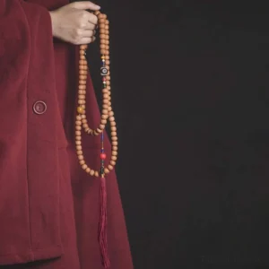 108 bodhi seed mala beads bracelet with red tassel worn on wrist, showing natural brown beads and traditional styling