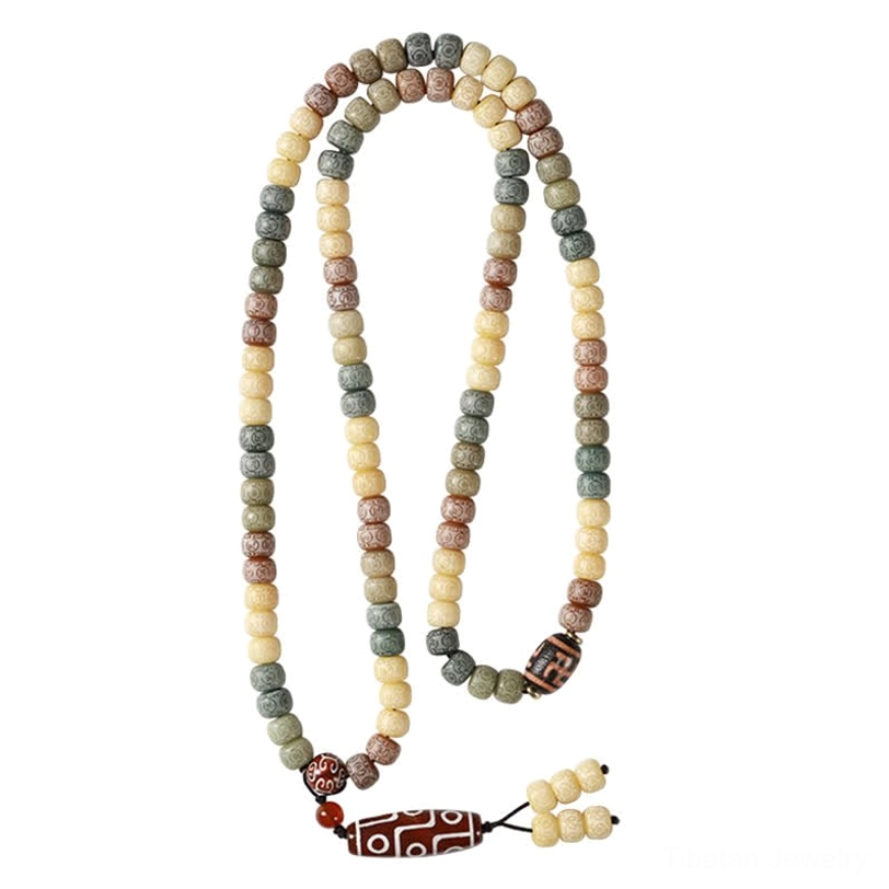 Complete 108 bodhi seed mala with protective tibetan dzi bead pendant handcrafted meditation prayer beads necklace