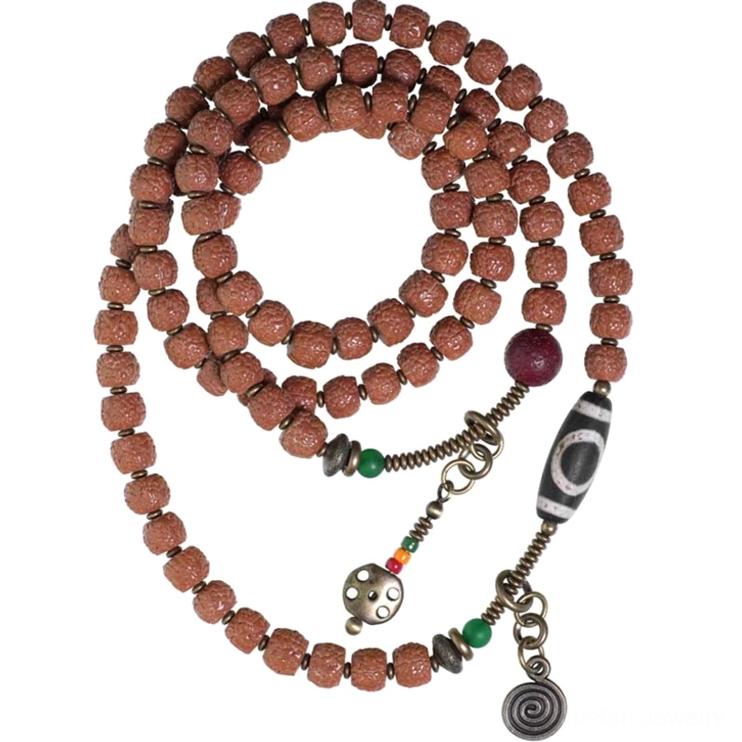 Complete 108-bead Rudraksha Mala set displayed flat showing full tassel, all decorative elements, and bead arrangement