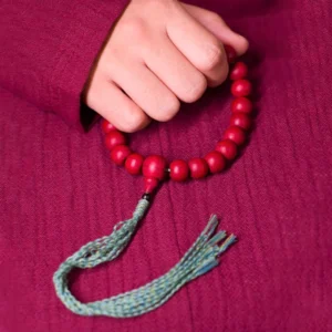 Abelia Biflora dragon wood tibetan mala bracelet 15mm beads with teal tassel top-down view