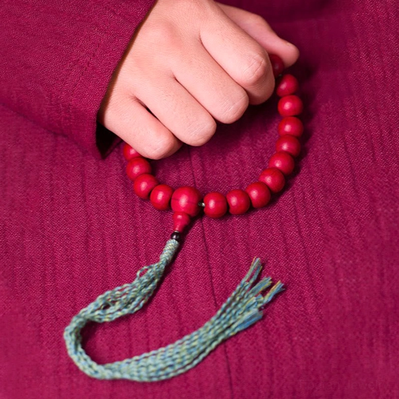 Abelia Biflora dragon wood tibetan mala bracelet 15mm beads with teal tassel top-down view