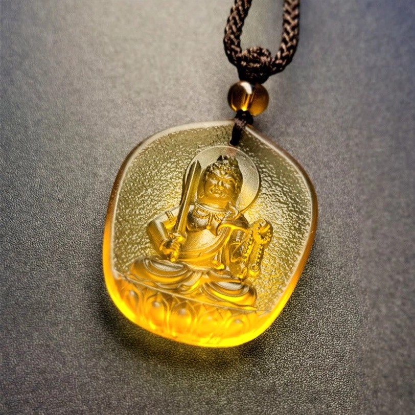 Rooster Acalanatha Liuli crystal pendant necklace featuring Buddha holding spiritual sword on lotus pedestal foundation