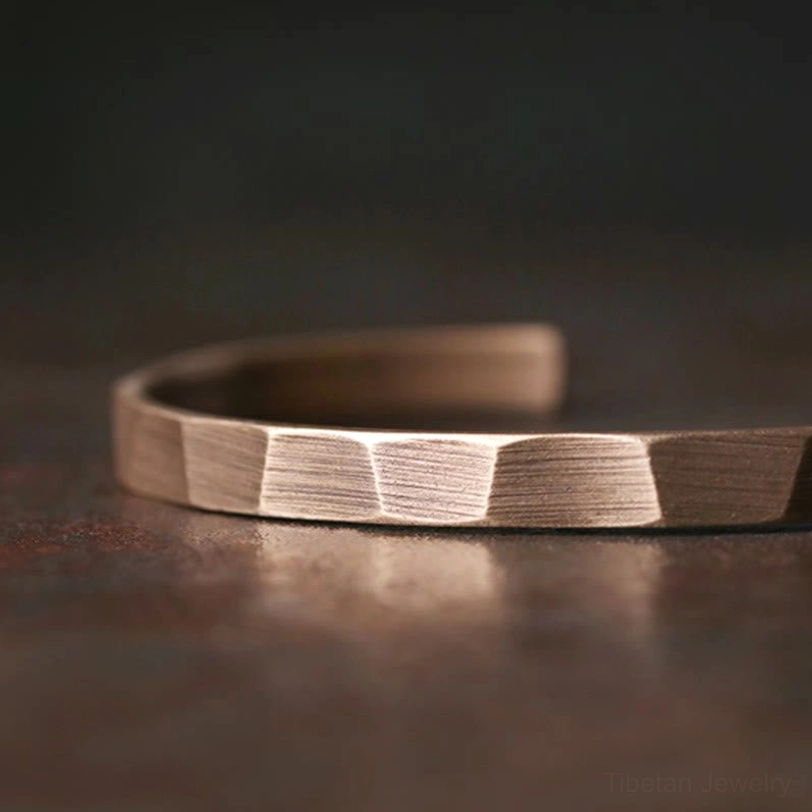Adjustable open copper cuff bracelet low side profile clear brushed facet texture warm bronze tone