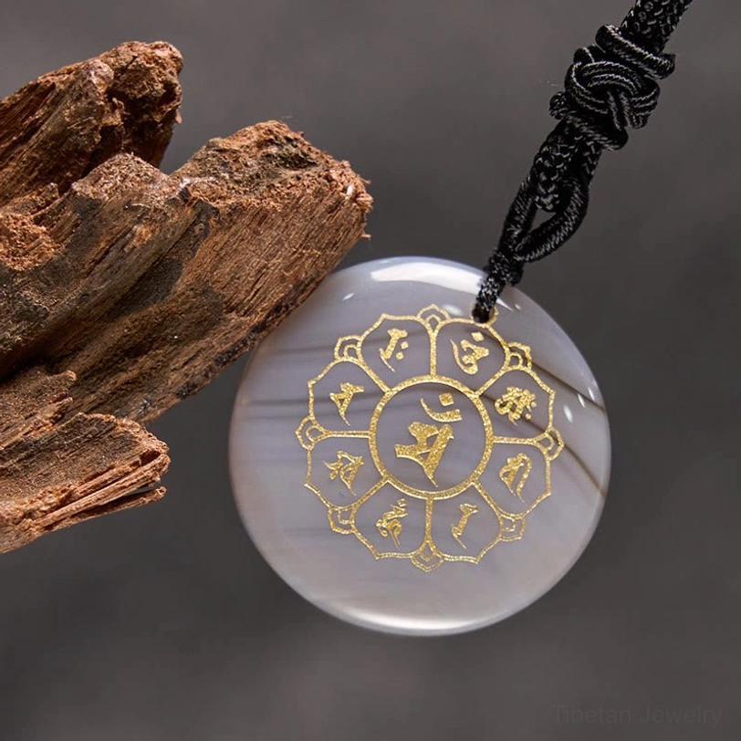 Agate Om Mani Padme Hum pendant necklace with braided rope for daily wear and meditation