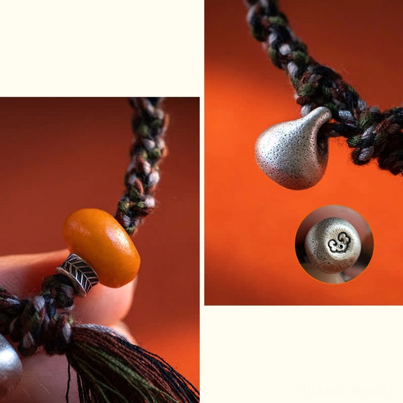 Macro close-up of Tibetan protection bracelet components showing amber bead, sterling silver spacer, teardrop steelyard charm, and woven braided cord