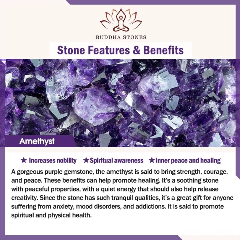 Amethyst healing crystal stone promotional card showing rough purple gemstone clusters and spiritual benefits