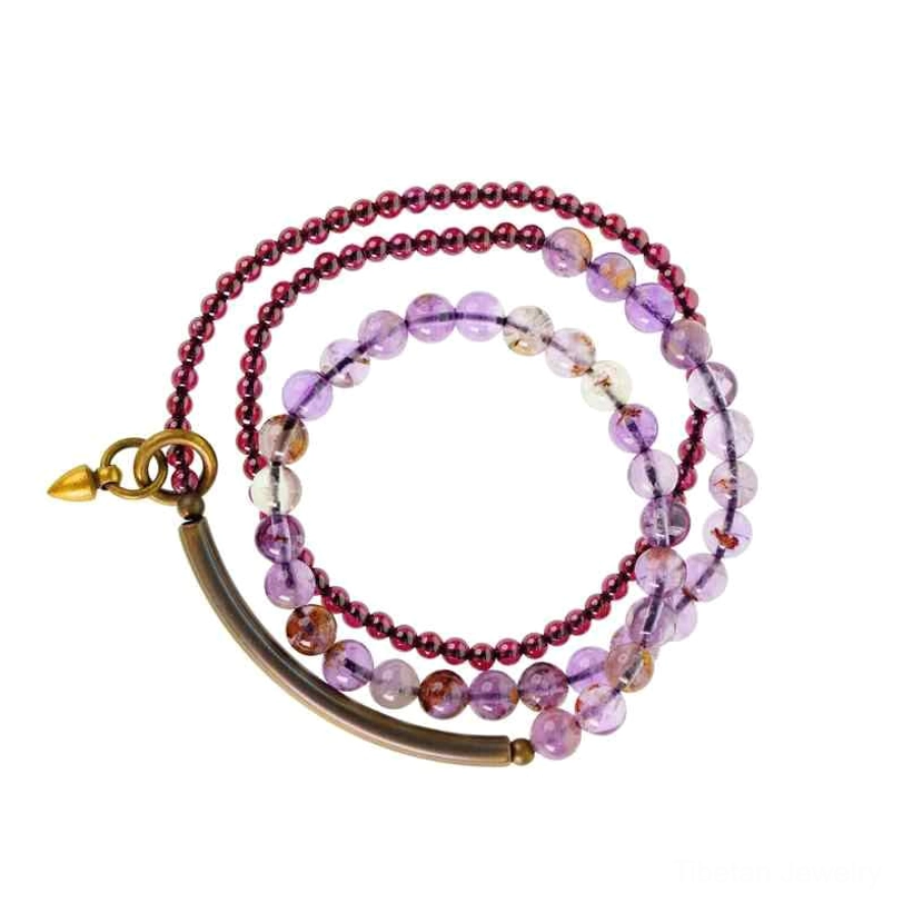 Amethyst and garnet multilayer healing bracelet complete product display on dark background