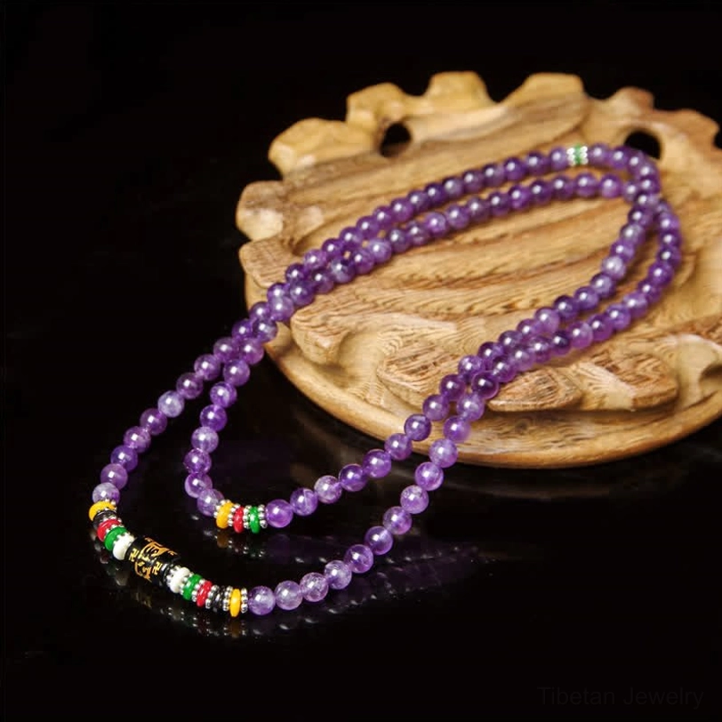 Complete amethyst 108-bead mala bracelet with om mani padme hum mantra beads and eco-friendly elastic cord