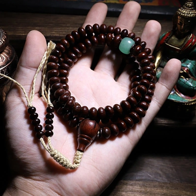 Authentic purple bodhi mala beads with three-eyed dzi and copper accents