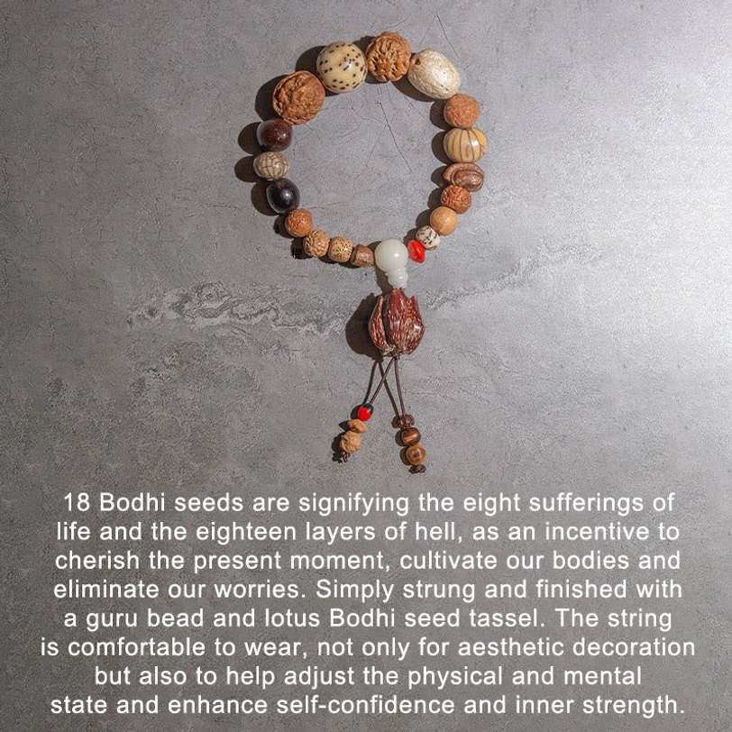 Authentic Bodhi seed mala with complete guru bead and lotus tassel showing natural texture variations and handcrafted quality