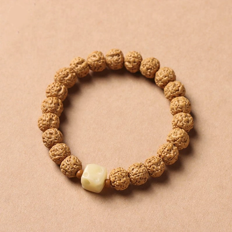 Authentic Bodhi seed mala bracelet with three-eye Dzi bead and wooden Buddha hand tassel styling