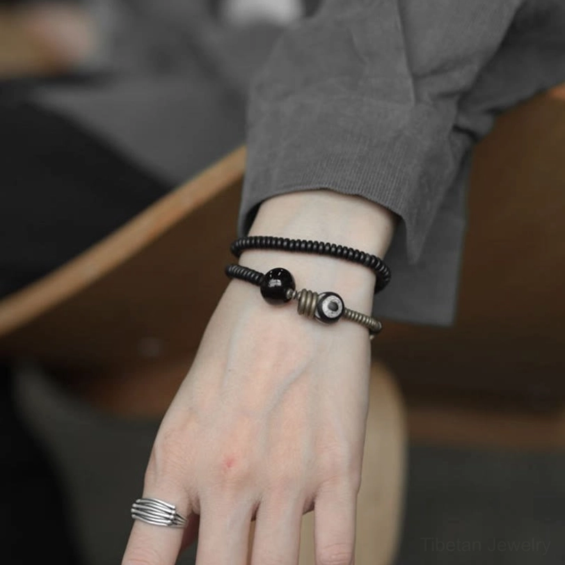 Authentic Tibetan protection bracelet with Dzi bead ebony wood and natural gemstones