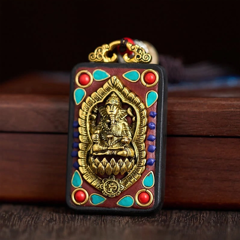 Authentic Tibetan Ganesha ebony wood necklace prosperity fortune symbol