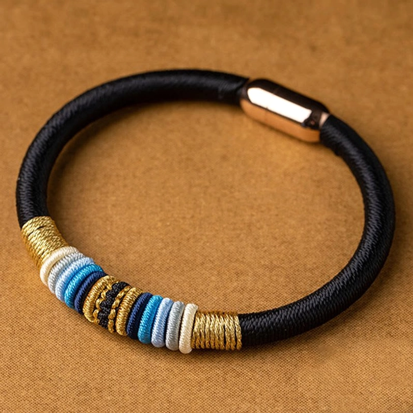 Authentic handwoven Tibetan Vajra Knot protection bracelet, artisanal Buddhist spiritual jewelry