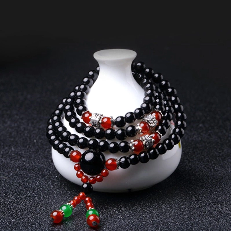 Authentic tibetan mala bracelet 108 beads obsidian tiger eye protective stone jewelry for wellness