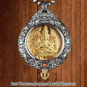 Thousand-armed Avalokitesvara guardian pendant with intricate silver and gold carved frame