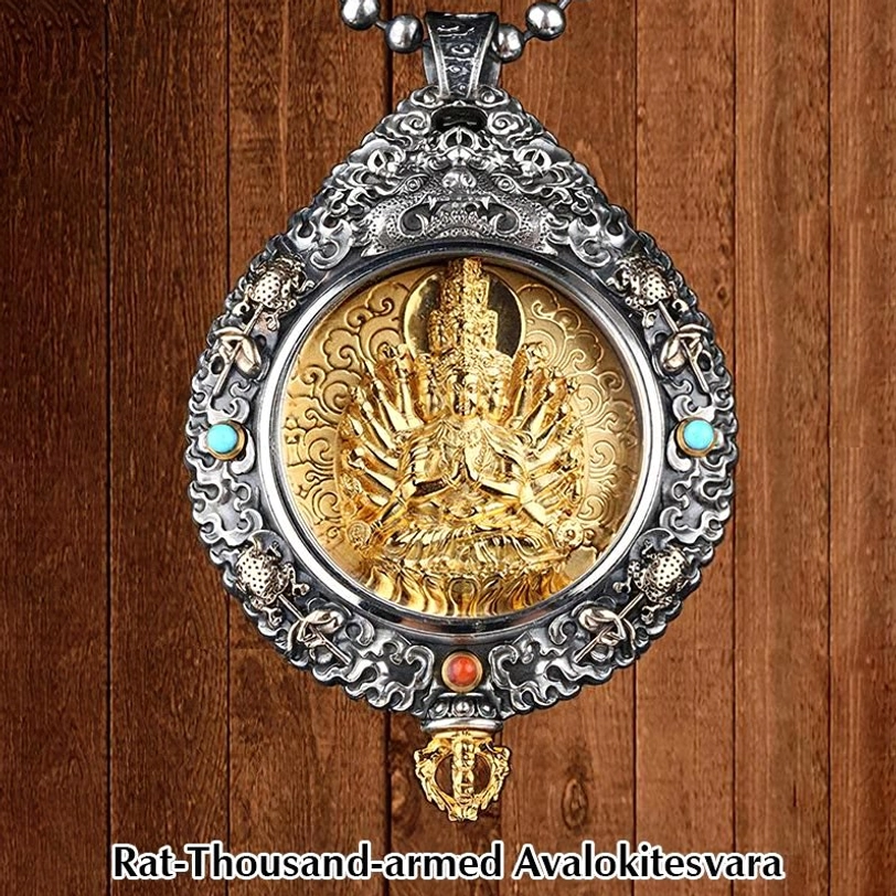 Thousand-armed Avalokitesvara guardian pendant with intricate silver and gold carved frame
