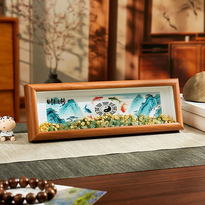 Wooden feng shui frame featuring Bagua symbol, koi fish, landscape, and Chinese calligraphy text with natural crystal