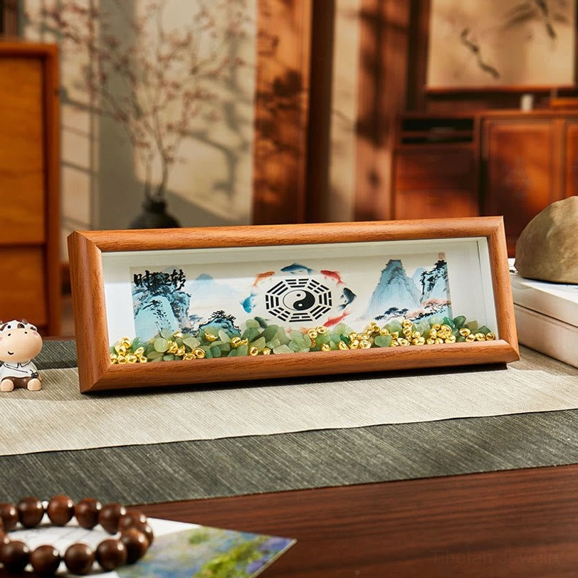 Feng Shui Bagua photo frame with koi fish, Yin Yang center, yellow gravel landscape decor on traditional desk