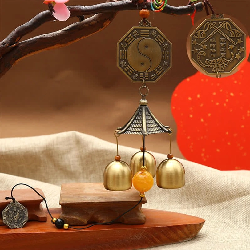 Bagua tai chi yin yang wind chime with eight trigrams bronze plaque star coin three brass bells feng shui protection