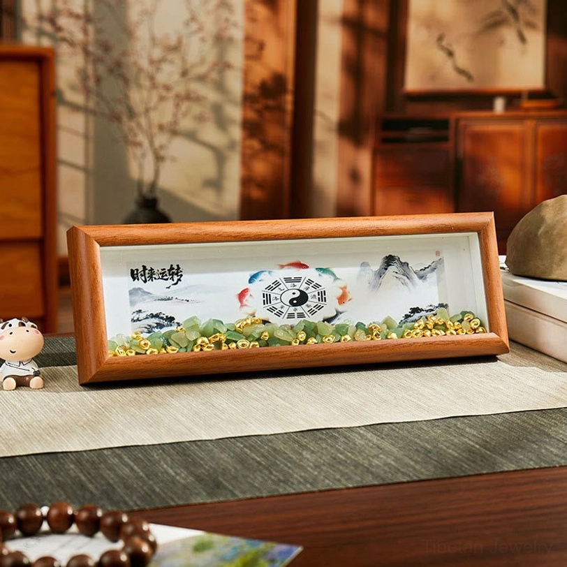 Handcrafted wooden Bagua frame ornament with landscape painting, unique trigram pattern and green stone decorative accents