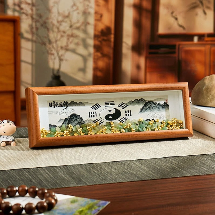 Handcrafted Bagua photo frame with Yin Yang koi design, green crystal stones and feng shui prosperity symbols