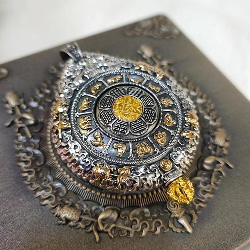 Nine Palaces Bagua amulet pendant top-down view showing embossed zodiac patterns retro silver finish