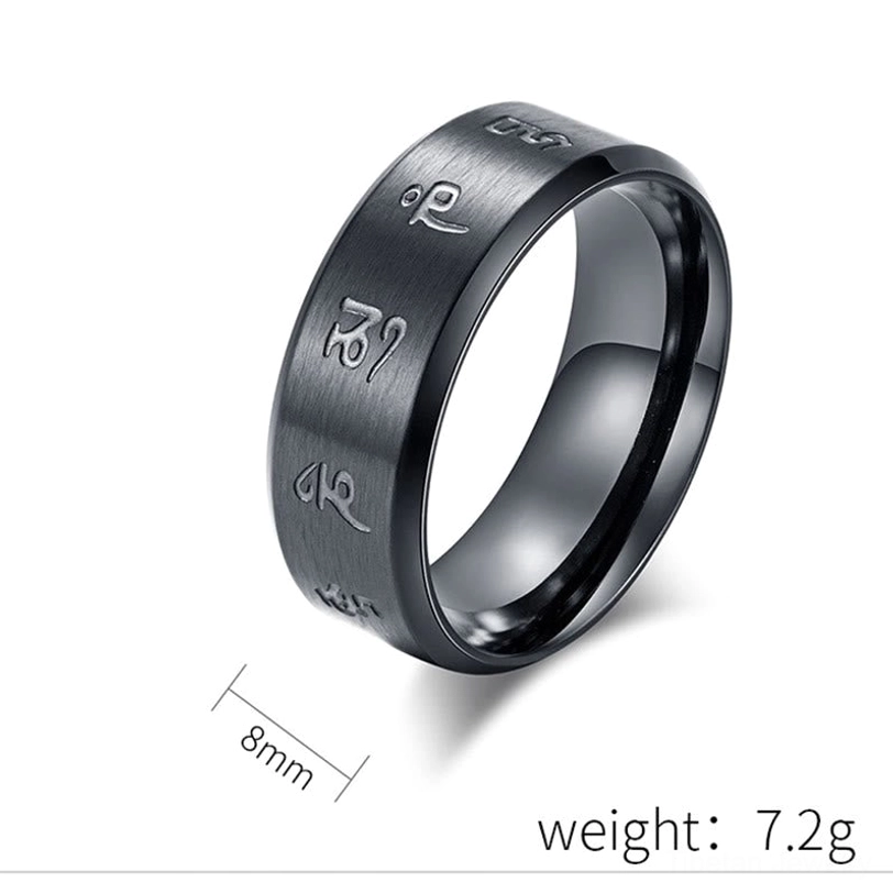 Black Jambhala Mantra titanium steel ring detailed view showcasing handmade quality, brushed matte black finish, and sacred Buddhist mantra carvings