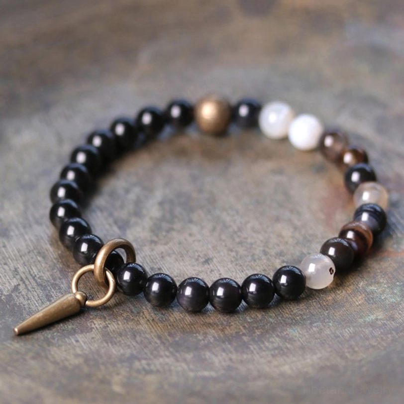 Black Obsidian and Agate couple bracelet pair with copper spike toggle - natural stone protection healing jewelry