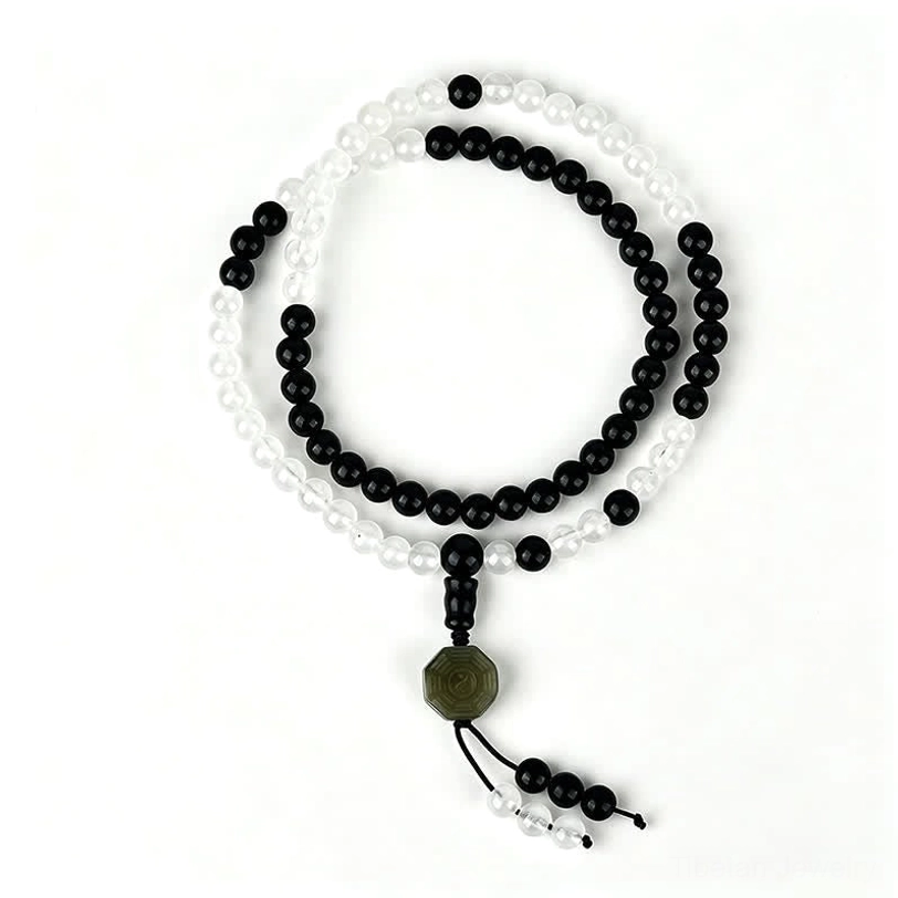 Single Black Obsidian Bagua protection bracelet with polished beads and jade charm