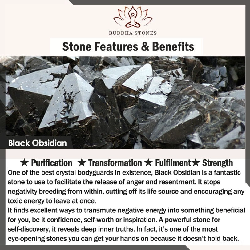 Black Obsidian crystal benefits card highlighting purification, transformation, fulfillment and strength energy