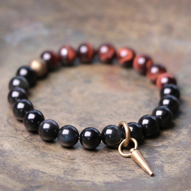 Black Obsidian and red Tiger's Eye couple bracelets with copper spike clasp - strength confidence protection stones