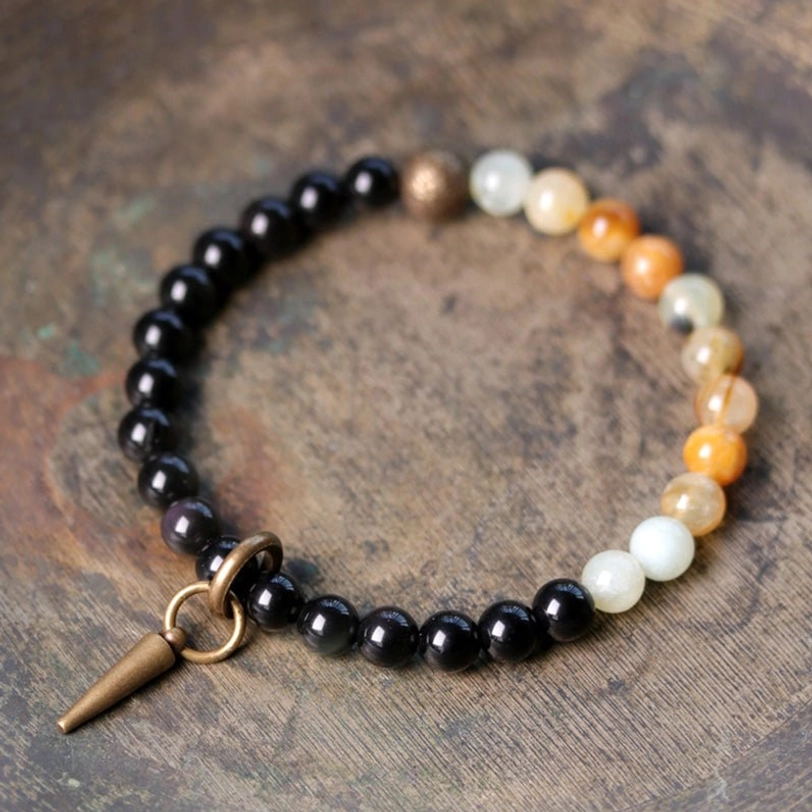 Black Obsidian and Sea Sediment Jasper couple bracelet set in multiple sizes showing size range - wrist circumference guide