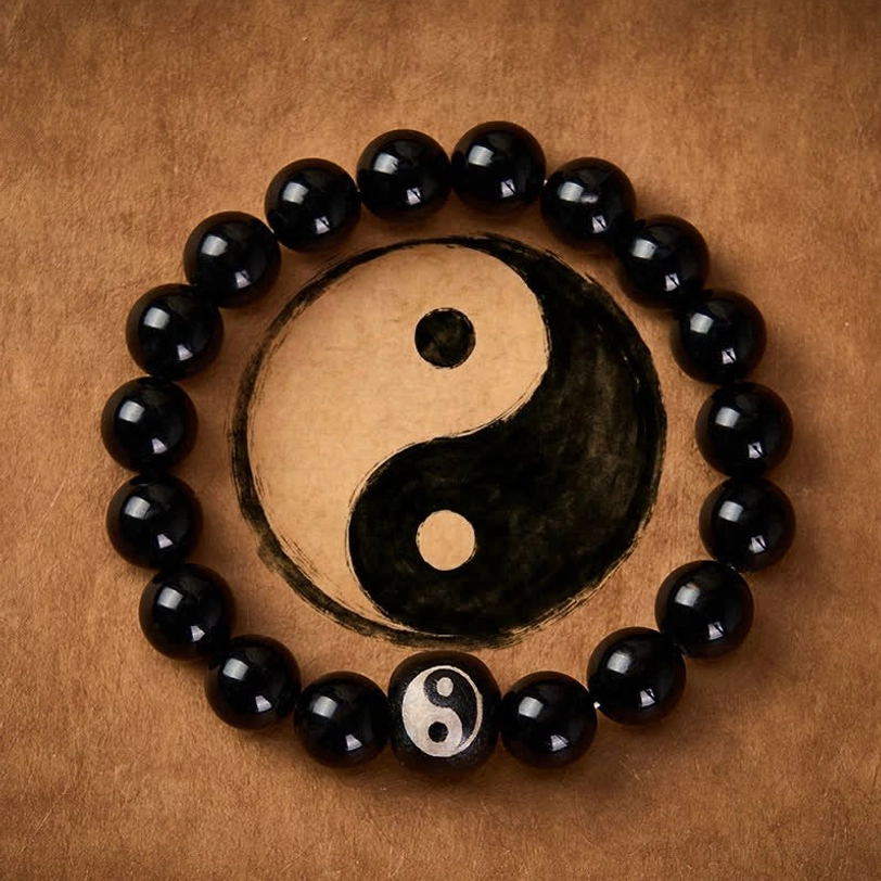 Black Obsidian Yin Yang protection bracelet flat lay on brown leather, showing engraved Yin Yang bead among polished black beads