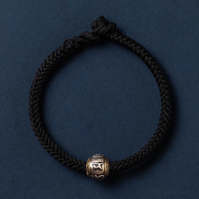 Black Om Mani Padme Hum Tibetan bracelet simple version with silver charm and minimal design