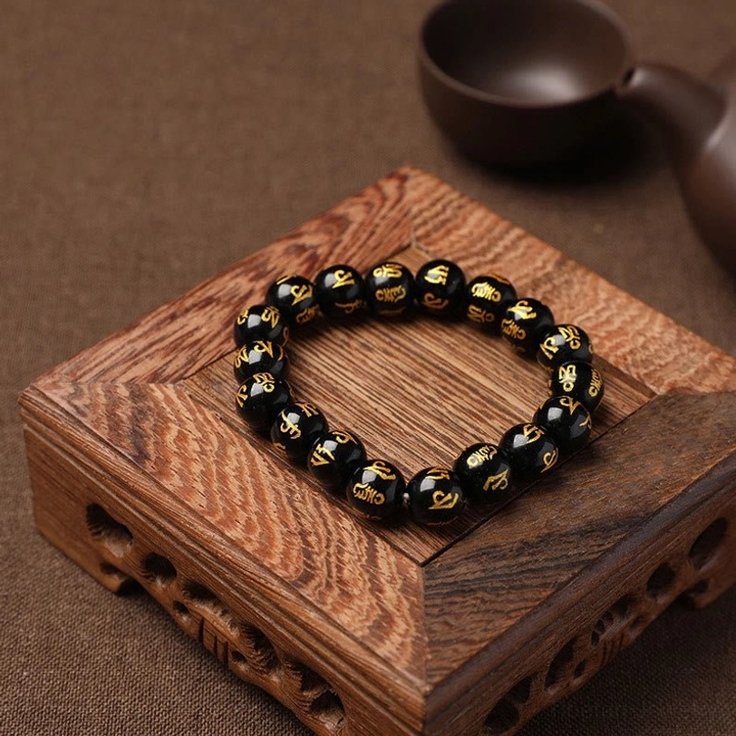 Black onyx fortune protection bracelet with om mani padme hum for buddhist spiritual practice