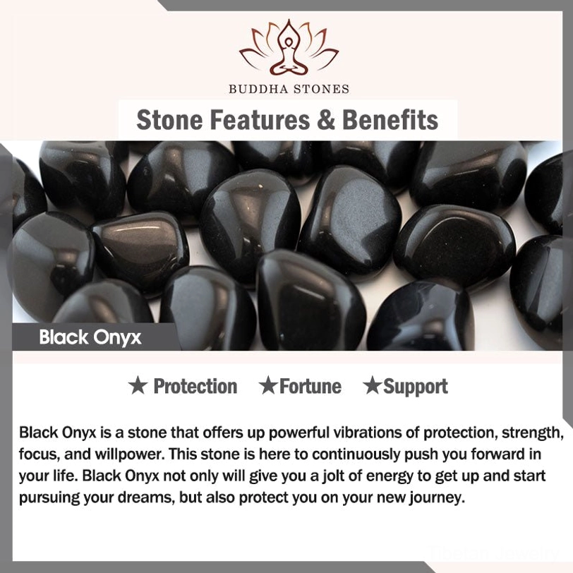 Black onyx protection stone infographic showing natural polished black onyx mineral texture and energetic properties for spiritual grounding, protection and empowerment