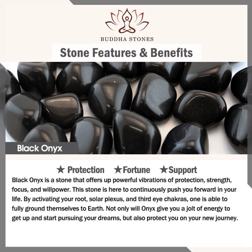 Polished black onyx tumbled stones with protection fortune and support energy labels showing smooth crystal texture