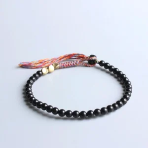 Tibetan black onyx protection bracelet featuring flat black beads with gold decorative accents and mixed-thread tassel detail