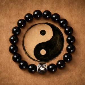 Black Onyx Yin Yang balance bracelet with glossy round beads and metallic Yin Yang charm on leather backdrop