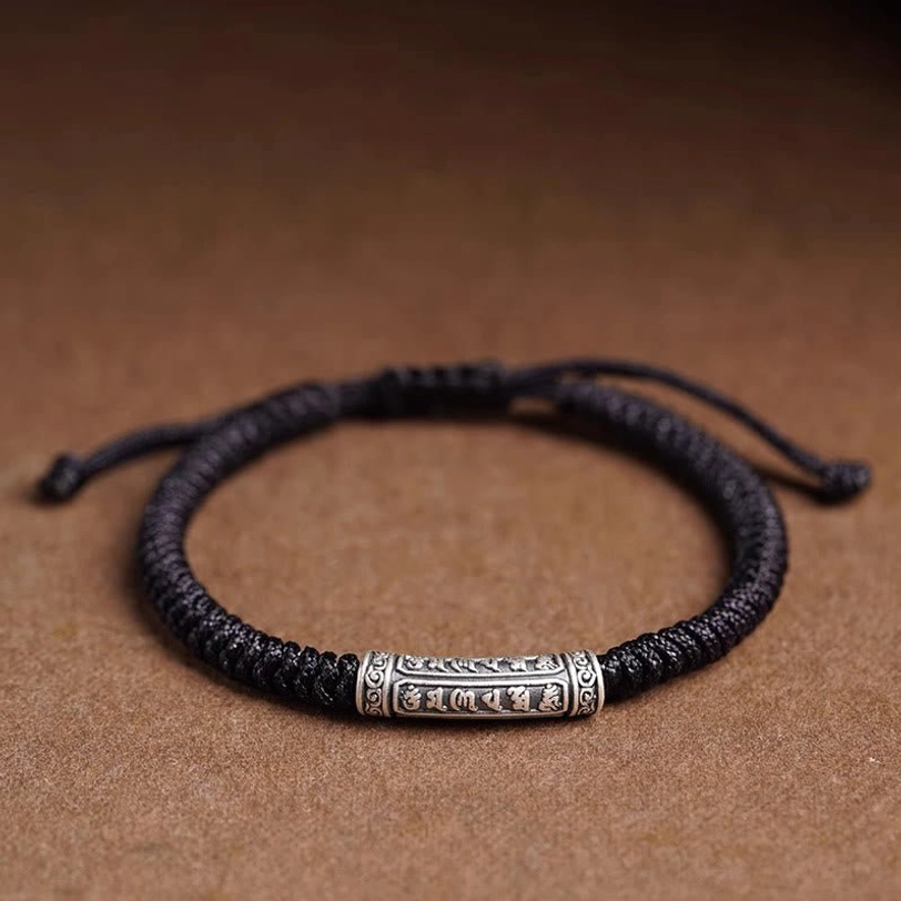 Black Tibetan rope bracelet with 999 sterling silver Om Mani Padme Hum charm, unisex protection wristband