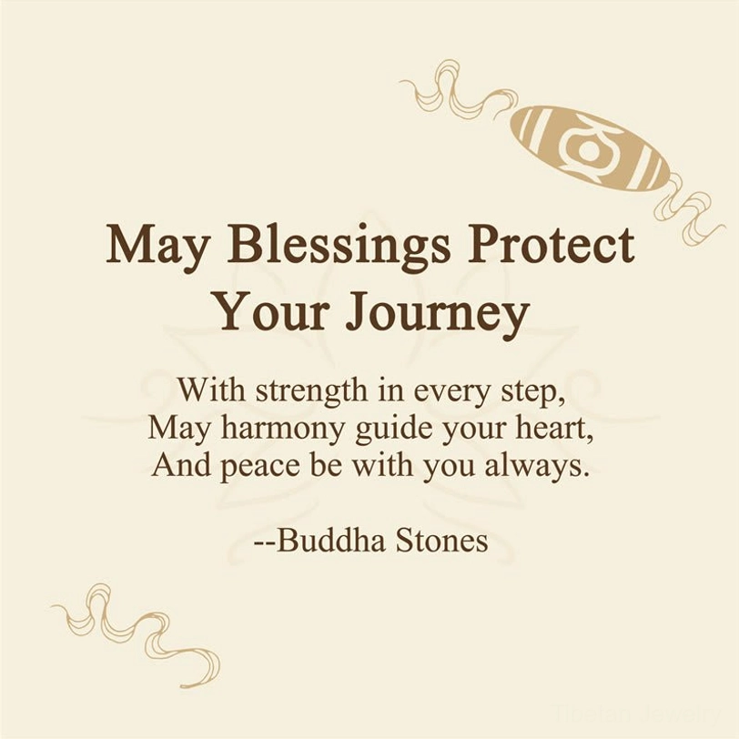 May Blessings Protect Your Journey gift message card with Buddha Stones branding and spiritual blessing