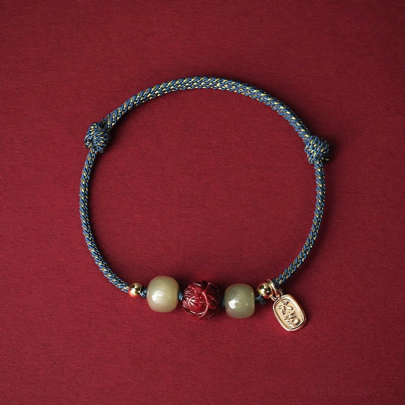 Blue-gray woven rope lucky bracelet with natural Hetian jade and cinnabar beads