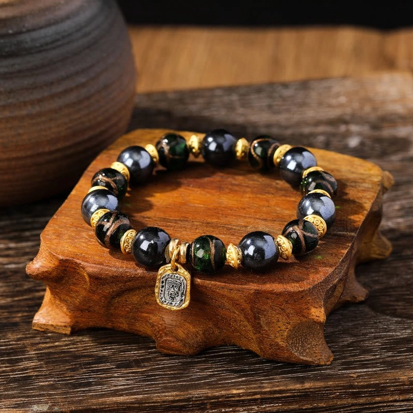 Blue-green liuli glass Zakiram wealth goddess bracelet with premium elastic band and spiritual charm