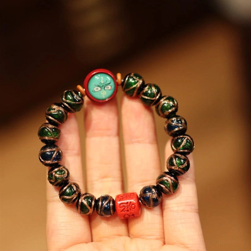 Blue Green Green God of Wealth Tibetan prosperity bracelet with jade-tone beads and spiritual charm pendant