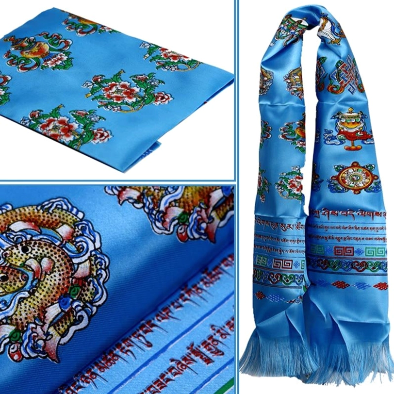 Blue Tibetan khata scarf with printed eight auspicious symbols, glossy satin finish, and frayed tassels at both ends